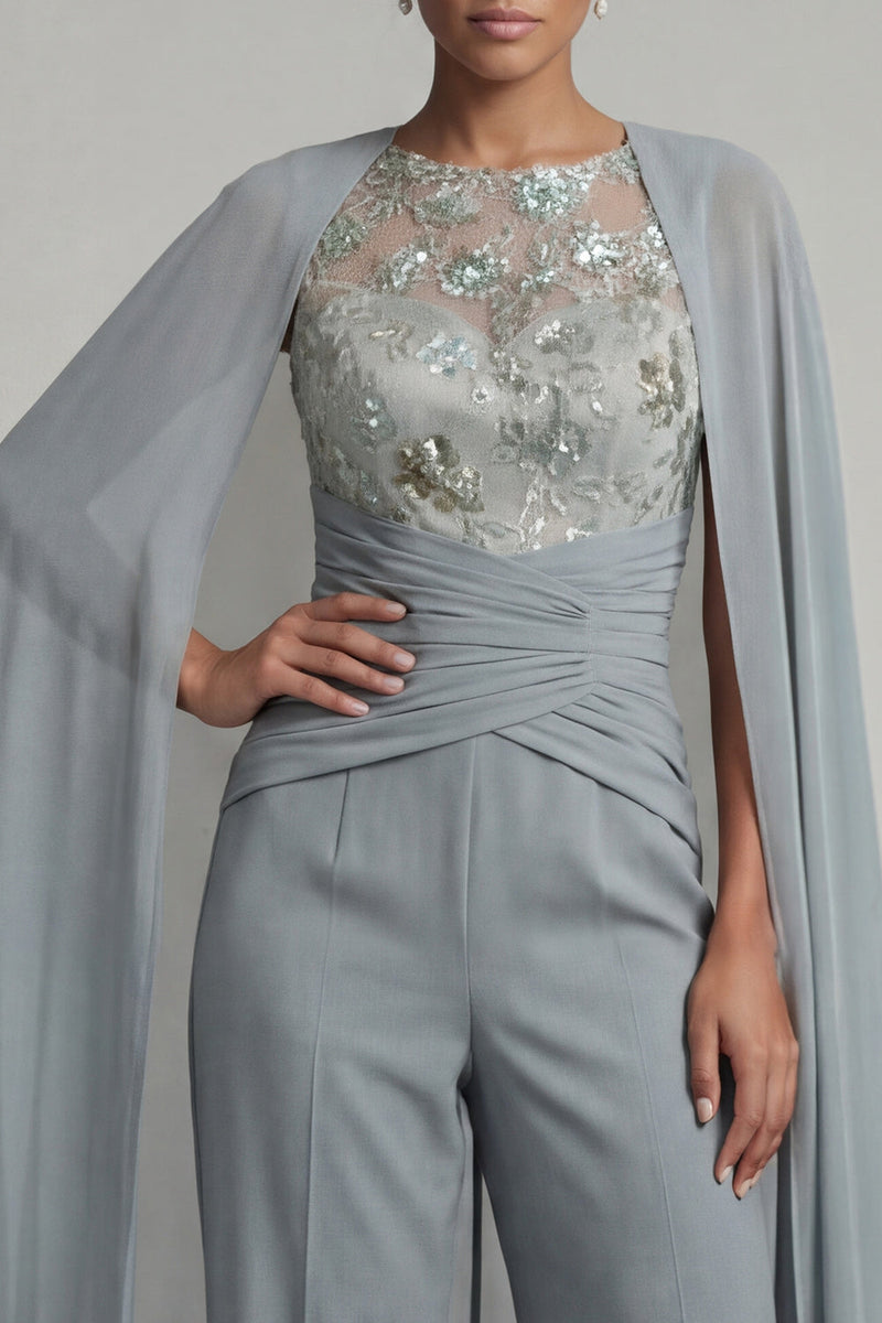 Load image into Gallery viewer, Sparkly Grey Blue Floral Boat Neck Ruched Formal Jumpsuits with Cape