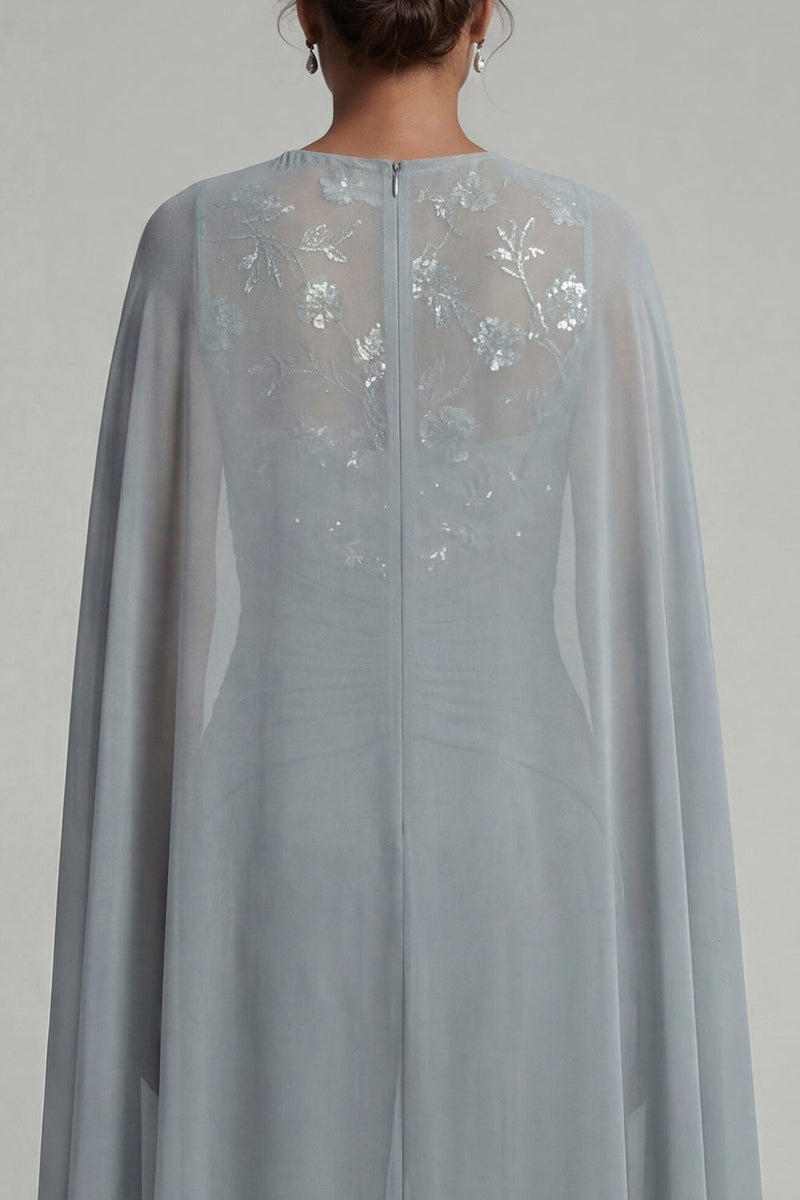 Load image into Gallery viewer, Sparkly Grey Blue Floral Boat Neck Ruched Formal Jumpsuits with Cape