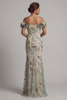 Sparkly Dusty Sage Beaded Mermaid Floral Long Formal Dress
