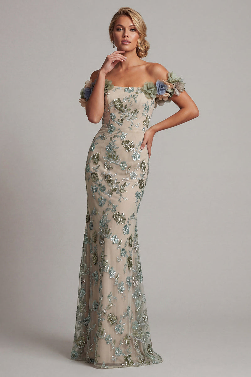 Load image into Gallery viewer, Sparkly Dusty Sage Beaded Mermaid Floral Long Formal Dress