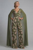 Load image into Gallery viewer, Eucalyptus Floral Ruched V-Neck Formal Jumpsuits with Pockets