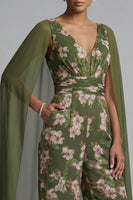 Load image into Gallery viewer, Eucalyptus Floral Ruched V-Neck Formal Jumpsuits with Pockets