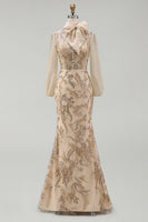 Load image into Gallery viewer, Sparkly Champagne Long Beaded Floral Mermaid Formal Dress with Bow