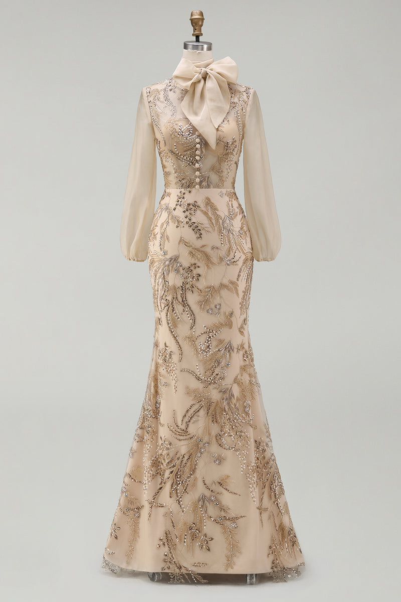 Load image into Gallery viewer, Sparkly Champagne Long Beaded Floral Mermaid Formal Dress with Bow