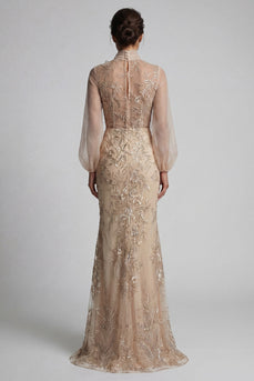 Sparkly Champagne Long Beaded Floral Mermaid Formal Dress with Bow