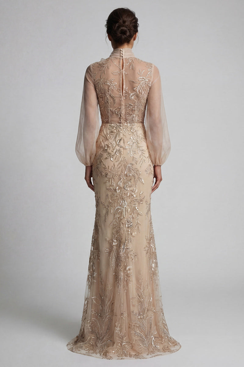 Load image into Gallery viewer, Sparkly Champagne Long Beaded Floral Mermaid Formal Dress with Bow