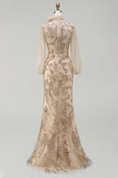 Load image into Gallery viewer, Sparkly Champagne Long Beaded Floral Mermaid Formal Dress with Bow