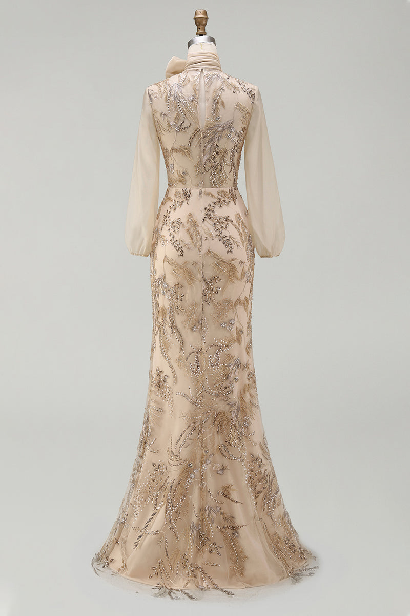 Load image into Gallery viewer, Sparkly Champagne Long Beaded Floral Mermaid Formal Dress with Bow