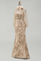Load image into Gallery viewer, Sparkly Champagne Long Beaded Floral Mermaid Formal Dress with Bow