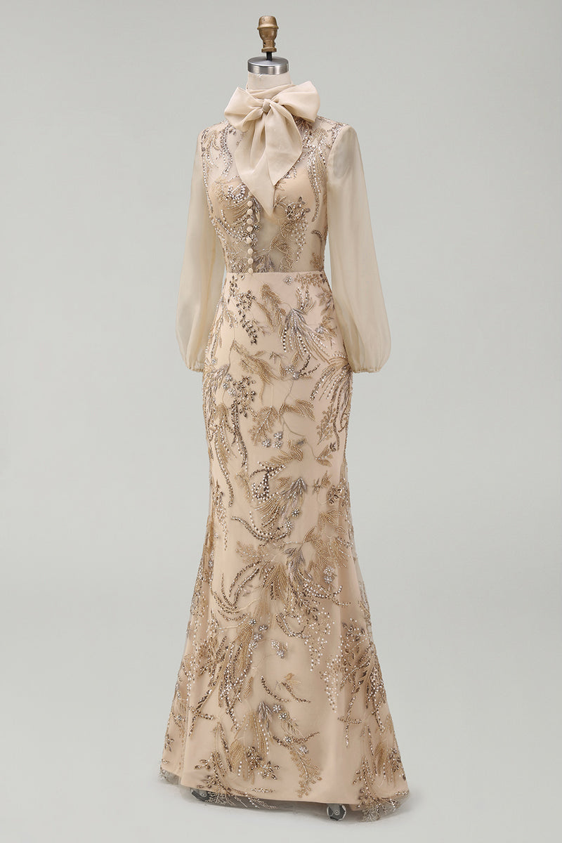 Load image into Gallery viewer, Sparkly Champagne Long Beaded Floral Mermaid Formal Dress with Bow