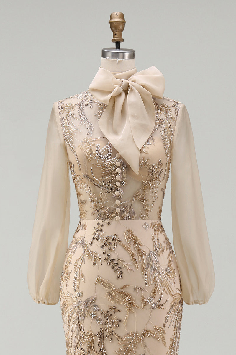 Load image into Gallery viewer, Sparkly Champagne Long Beaded Floral Mermaid Formal Dress with Bow