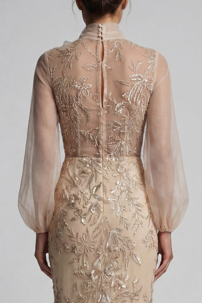 Load image into Gallery viewer, Sparkly Champagne Long Beaded Floral Mermaid Formal Dress with Bow