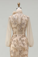 Load image into Gallery viewer, Sparkly Champagne Long Beaded Floral Mermaid Formal Dress with Bow