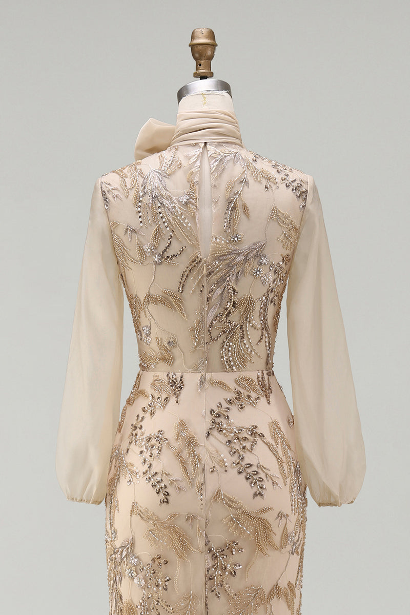 Load image into Gallery viewer, Sparkly Champagne Long Beaded Floral Mermaid Formal Dress with Bow
