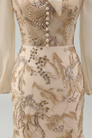 Load image into Gallery viewer, Sparkly Champagne Long Beaded Floral Mermaid Formal Dress with Bow