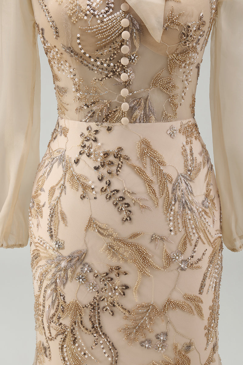 Load image into Gallery viewer, Sparkly Champagne Long Beaded Floral Mermaid Formal Dress with Bow