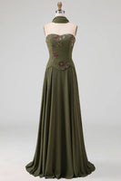 Load image into Gallery viewer, Olive Floral A Line Strapless Basque Wasit Long Formal Dress with Beading