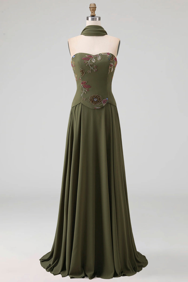 Load image into Gallery viewer, Olive Floral A Line Strapless Basque Wasit Long Formal Dress with Beading