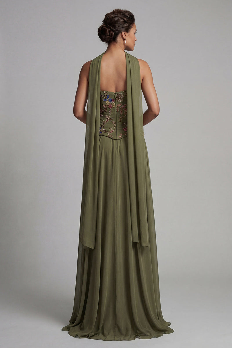Load image into Gallery viewer, Olive Floral A Line Strapless Basque Wasit Long Formal Dress with Beading