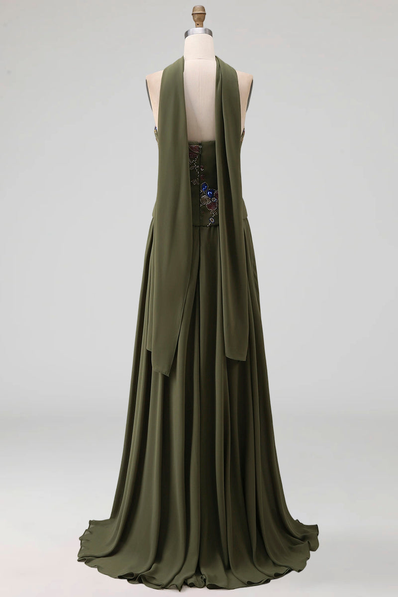 Load image into Gallery viewer, Olive Floral A Line Strapless Basque Wasit Long Formal Dress with Beading