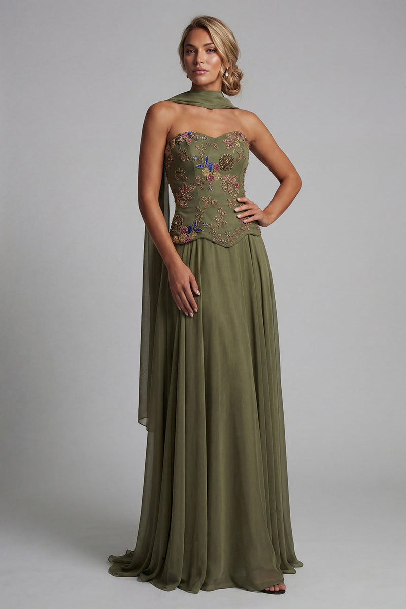 Load image into Gallery viewer, Olive Floral A Line Strapless Basque Wasit Long Formal Dress with Beading