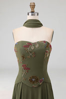 Load image into Gallery viewer, Olive Floral A Line Strapless Basque Wasit Long Formal Dress with Beading