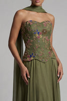 Load image into Gallery viewer, Olive Floral A Line Strapless Basque Wasit Long Formal Dress with Beading