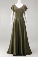 Load image into Gallery viewer, Olive Floral Ruffled V-Neck Beaded Formal Jumpsuits with Cape