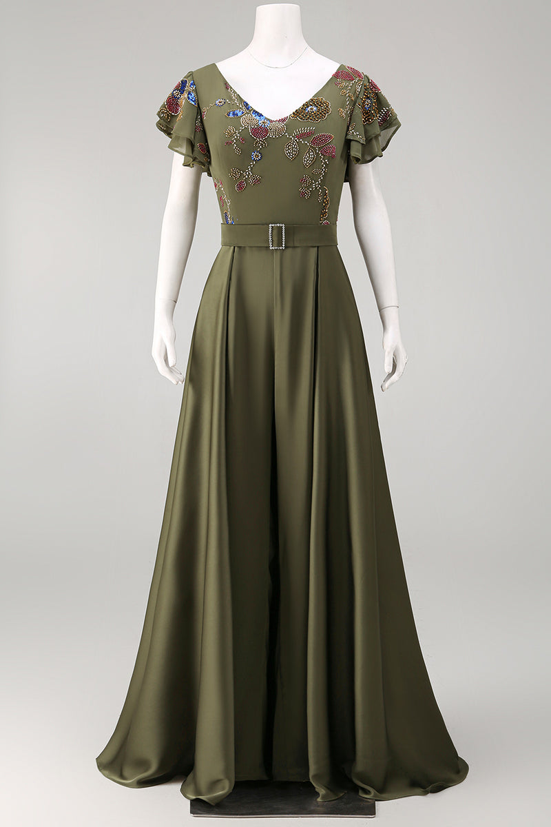 Load image into Gallery viewer, Olive Floral Ruffled V-Neck Beaded Formal Jumpsuits with Cape
