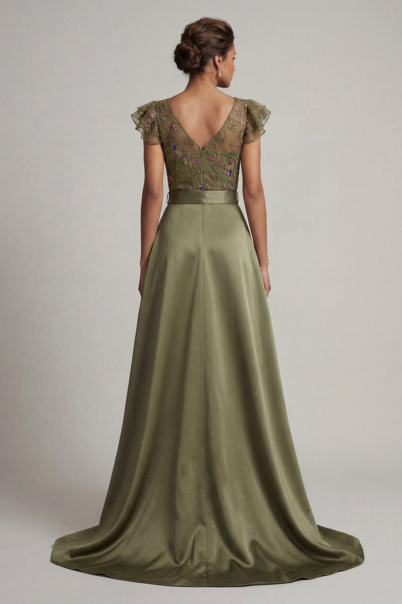 Load image into Gallery viewer, Olive Floral Ruffled V-Neck Beaded Formal Jumpsuits with Cape