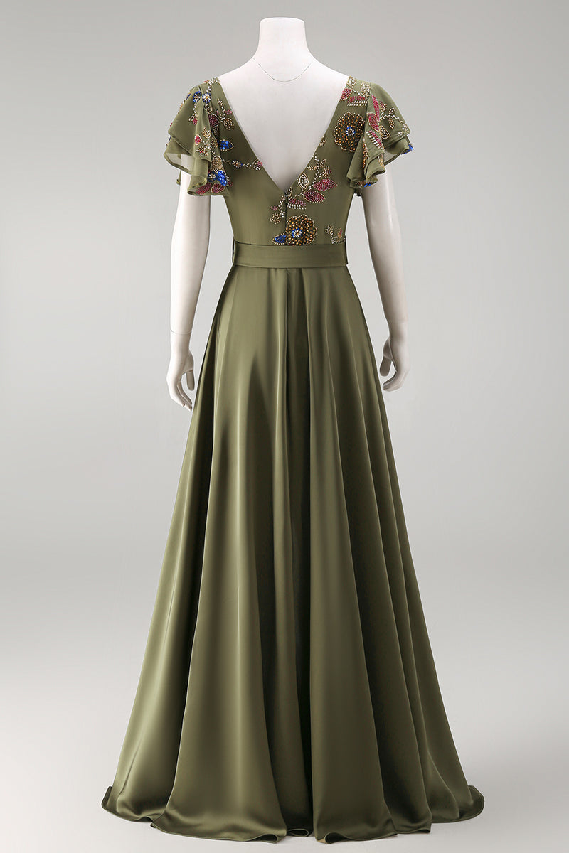 Load image into Gallery viewer, Olive Floral Ruffled V-Neck Beaded Formal Jumpsuits with Cape