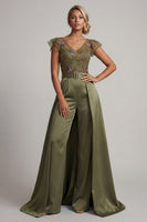 Load image into Gallery viewer, Olive Floral Ruffled V-Neck Beaded Formal Jumpsuits with Cape