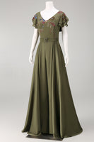 Load image into Gallery viewer, Olive Floral Ruffled V-Neck Beaded Formal Jumpsuits with Cape