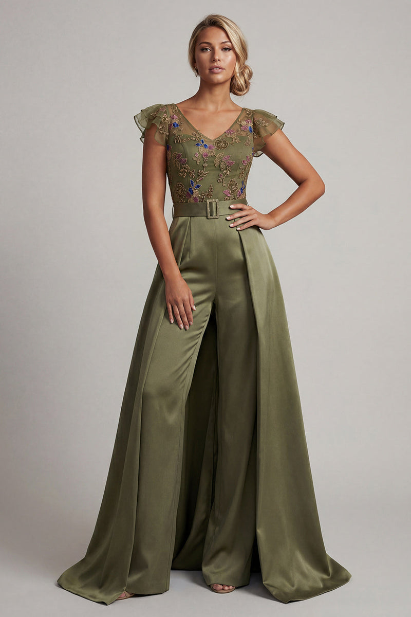 Load image into Gallery viewer, Olive Floral Ruffled V-Neck Beaded Formal Jumpsuits with Cape