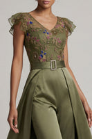 Load image into Gallery viewer, Olive Floral Ruffled V-Neck Beaded Formal Jumpsuits with Cape