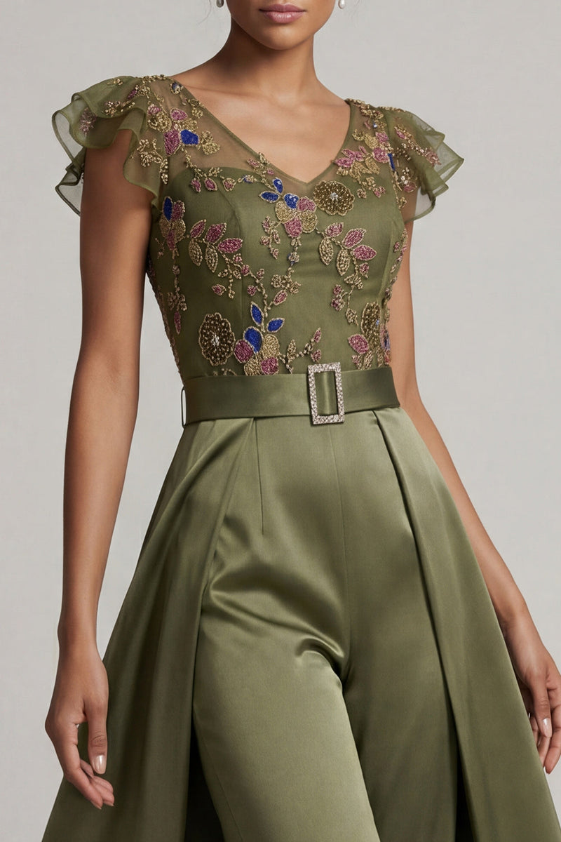 Load image into Gallery viewer, Olive Floral Ruffled V-Neck Beaded Formal Jumpsuits with Cape