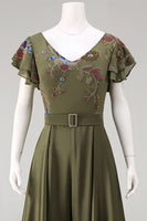 Load image into Gallery viewer, Olive Floral Ruffled V-Neck Beaded Formal Jumpsuits with Cape