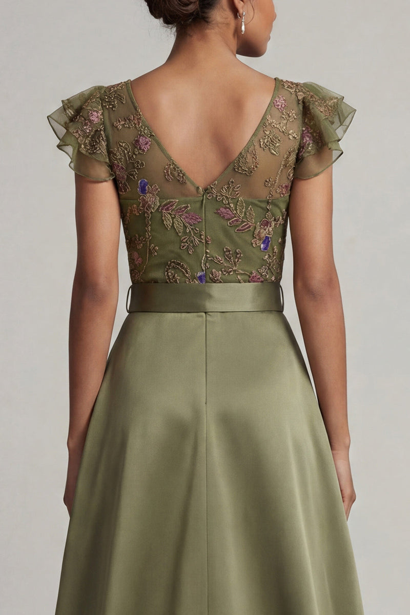 Load image into Gallery viewer, Olive Floral Ruffled V-Neck Beaded Formal Jumpsuits with Cape