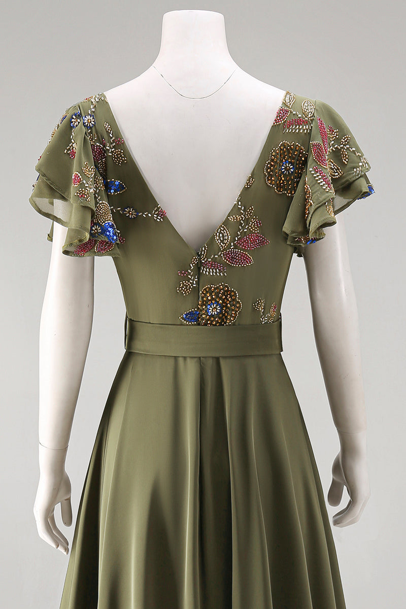 Load image into Gallery viewer, Olive Floral Ruffled V-Neck Beaded Formal Jumpsuits with Cape