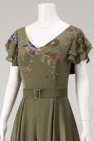 Load image into Gallery viewer, Olive Floral Ruffled V-Neck Beaded Formal Jumpsuits with Cape