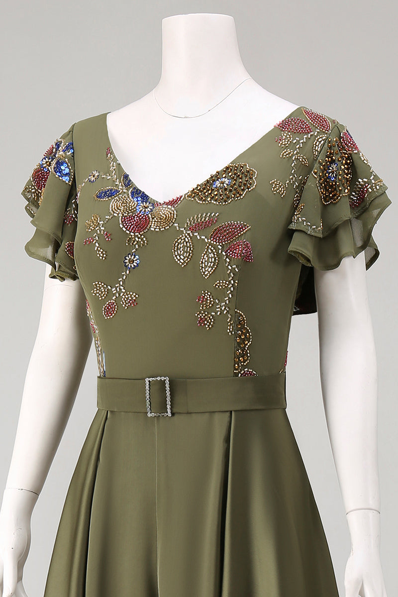 Load image into Gallery viewer, Olive Floral Ruffled V-Neck Beaded Formal Jumpsuits with Cape