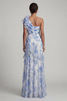 Light Blue Floral Ruffled Ruched Long Sheath Formal Dress with Slit
