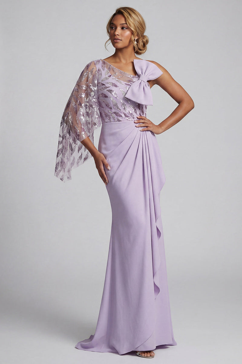 Load image into Gallery viewer, Sparkly Lilac Mermaid Ruffled Beaded Long Formal Dress with Bow