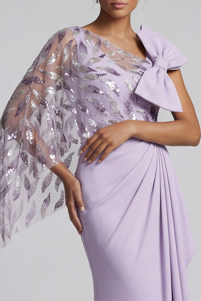 Load image into Gallery viewer, Sparkly Lilac Mermaid Ruffled Beaded Long Formal Dress with Bow