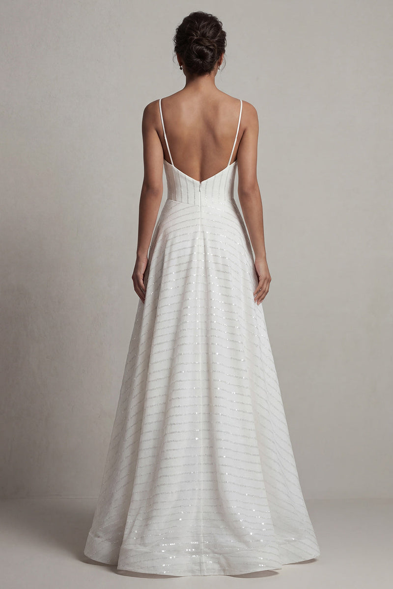 Load image into Gallery viewer, Sparkly White Beaded Basque Waist Spaghetti Straps Long Corset Formal Dress