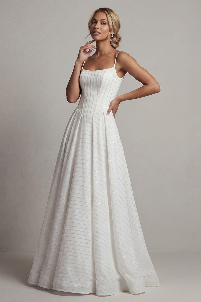 Load image into Gallery viewer, Sparkly White Beaded Basque Waist Spaghetti Straps Long Corset Formal Dress