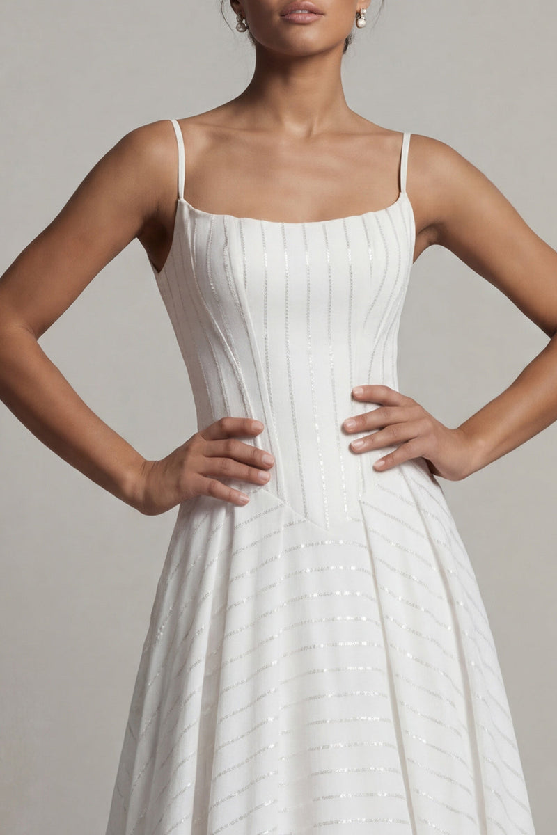 Load image into Gallery viewer, Sparkly White Beaded Basque Waist Spaghetti Straps Long Corset Formal Dress