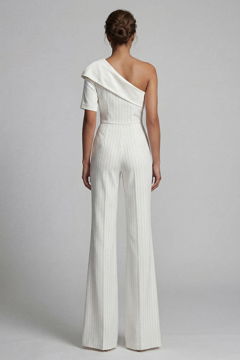 Load image into Gallery viewer, Sparkly White Beaded One Shoulder Formal Jumpsuits with Pockets
