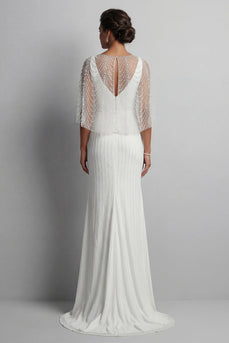 Sparkly White V-Neck Mermaid Long Beaded Formal Dress with Pearls