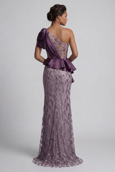 Sparkly Purple Ruffled Beaded Long Mermaid Formal Dress with Slit